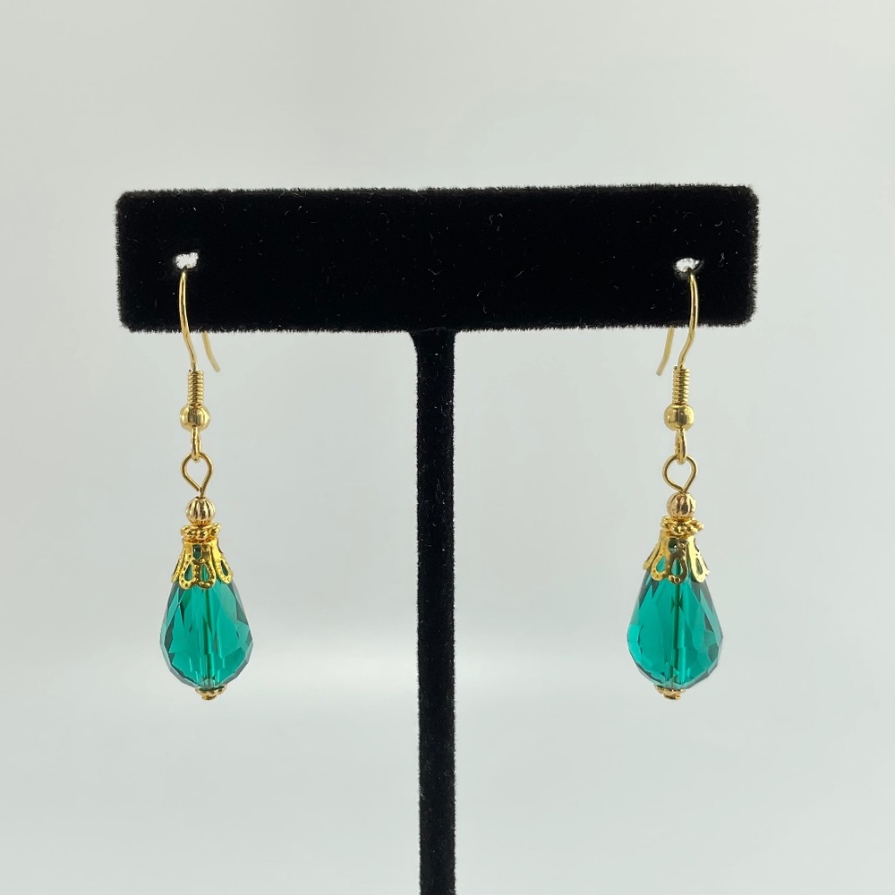 Green Czech Crystal Earrings with Gold Filigree, Edwardian